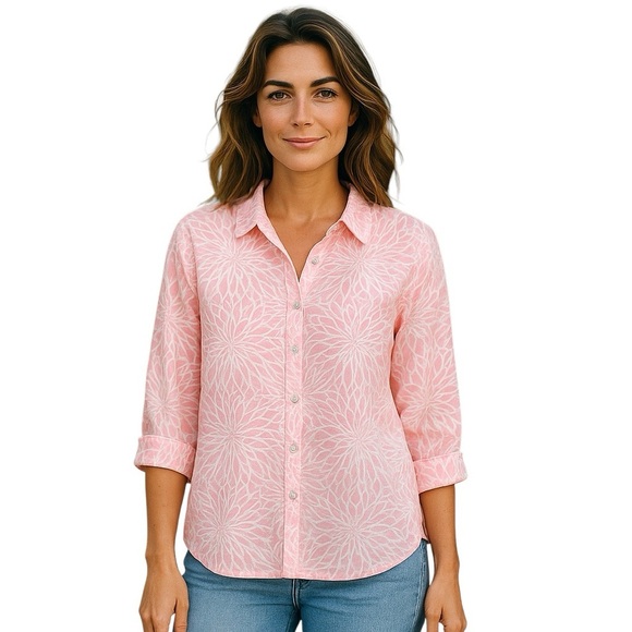 Sigrid Olsen Pink Floral Linen Relaxed Fit Button-Up Blouse sze L - Picture 1 of 11